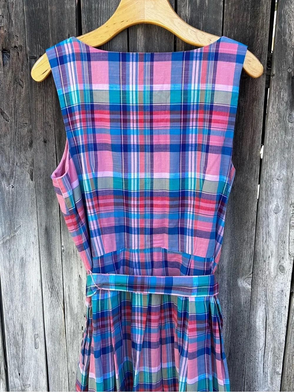 Talbots Madras Plaid Button Front Shirtdress Belted Cotton Pink Blue 12 - Picture 11 of 16